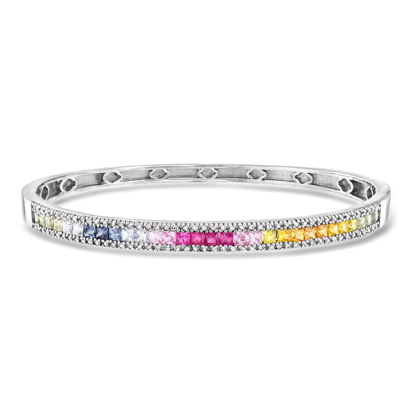 White gold bangle with multicolored sapphire row and diamond accents