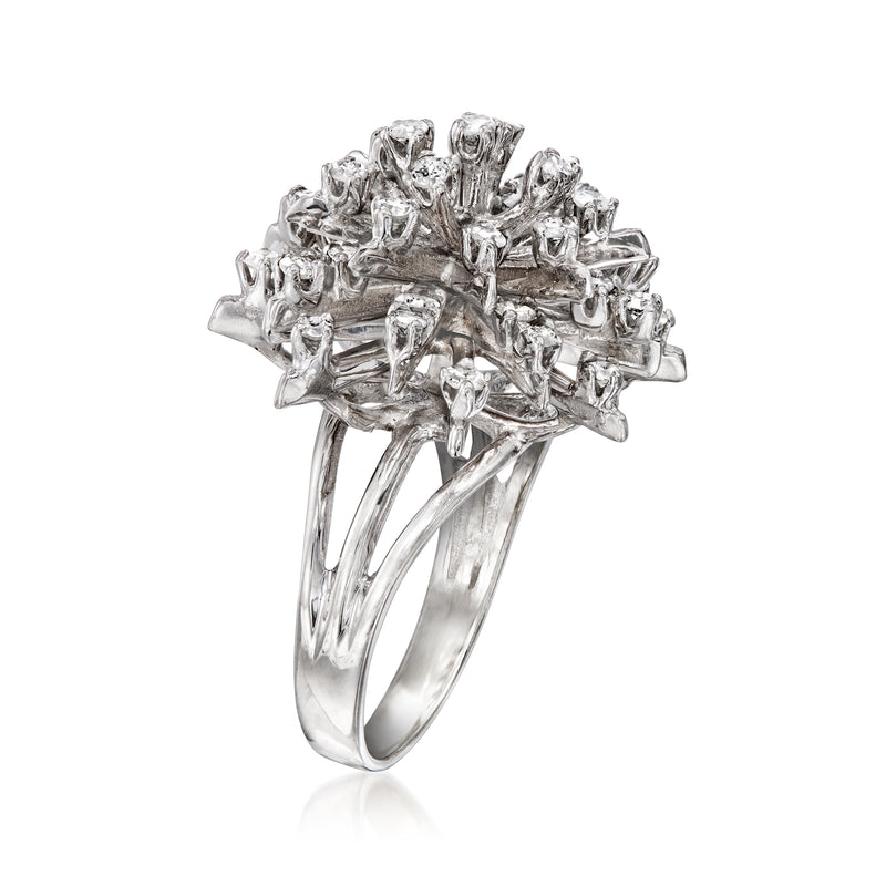 14kt white gold diamond burst ring, side view showing prong-set stones and tapered band