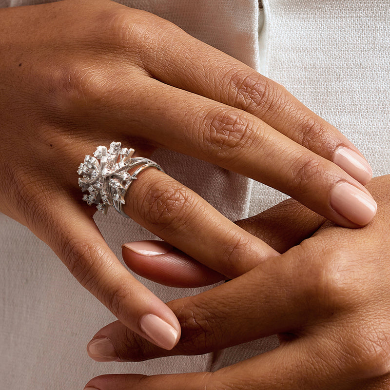 Diamond burst ring on hand, prong-set round stones and white-gold band visible