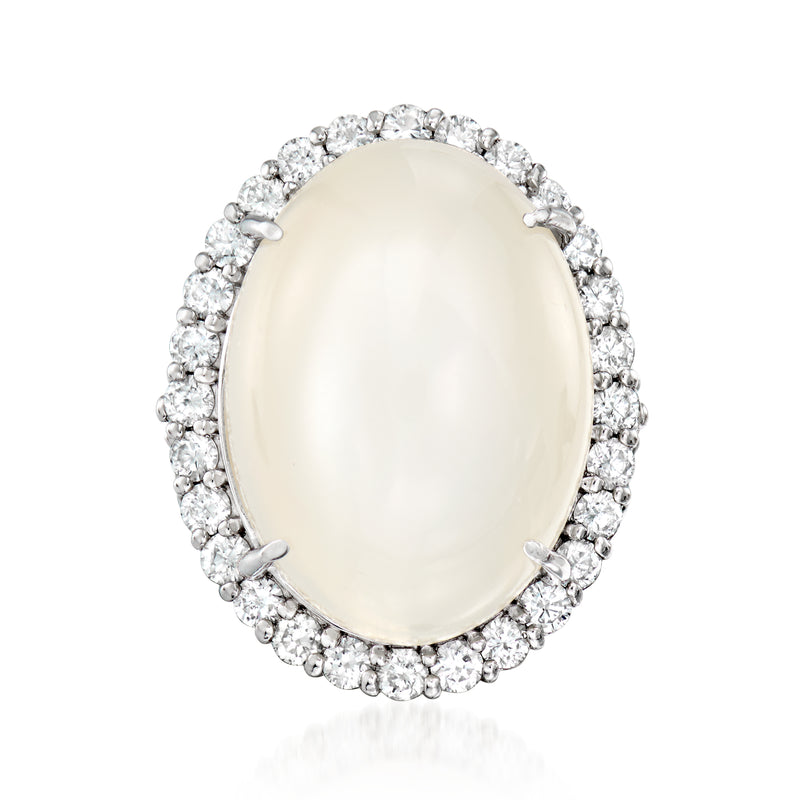 Platinum ring with oval moonstone cabochon and round diamond halo, size 6.5