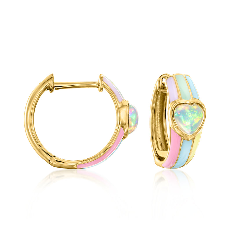 Gold hoop earrings with pastel enamel heart detail and opal-like iridescent center