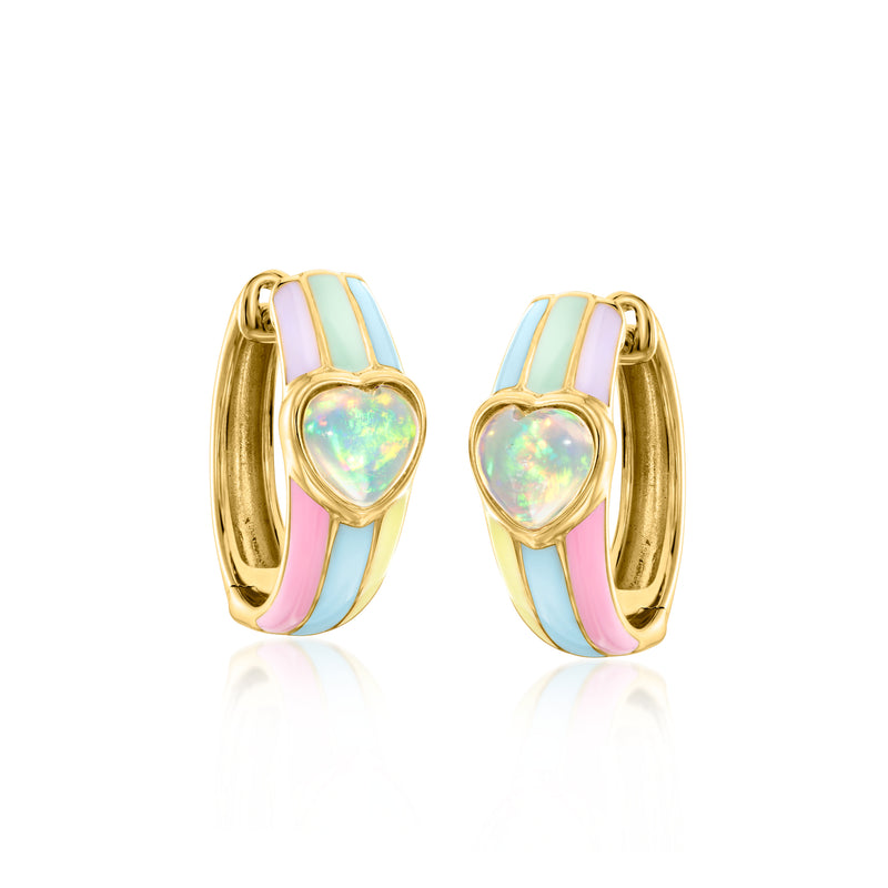 Gold-tone hoop earrings with pastel enamel bands and heart-shaped opal iridescence