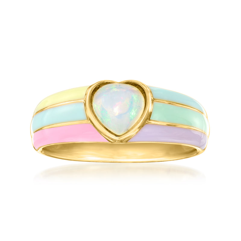 Gold heart opal ring with pastel enamel bands and oval opal center