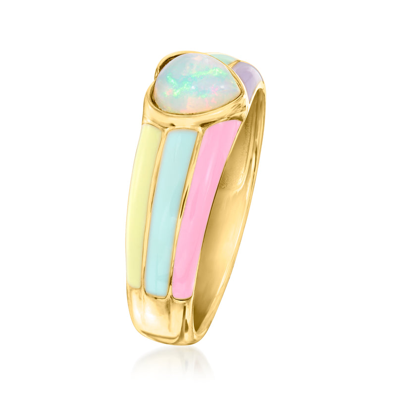 Gold band ring with raised opal oval and pastel enamel side panels
