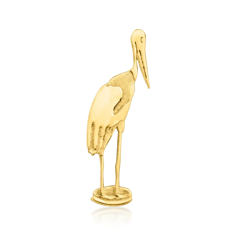 18kt yellow gold stork pin/pendant with raised legs and beak, standing upright