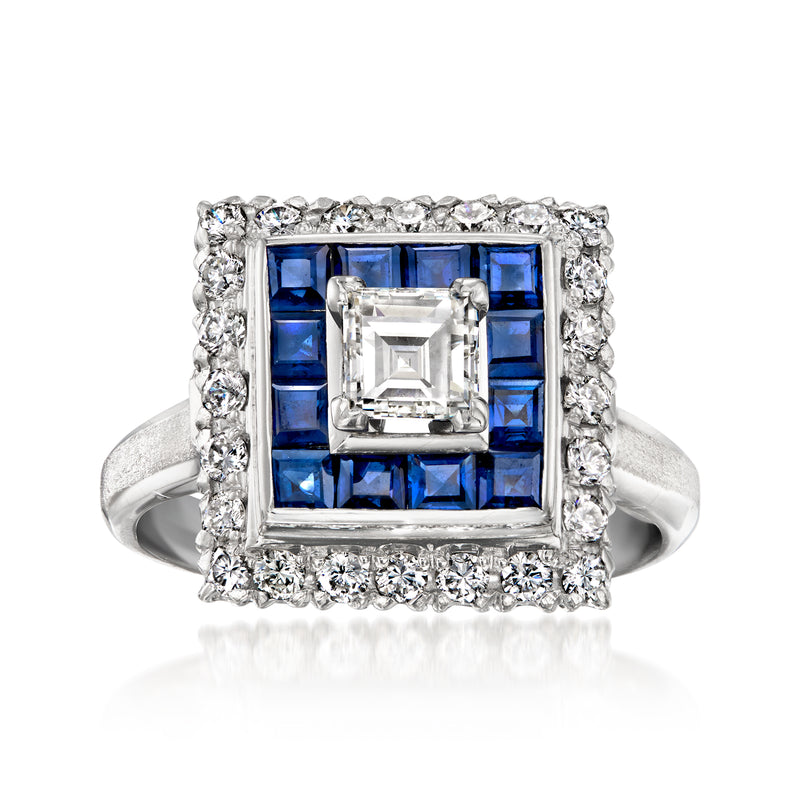 Platinum square sapphire and diamond halo ring with geometric side clusters