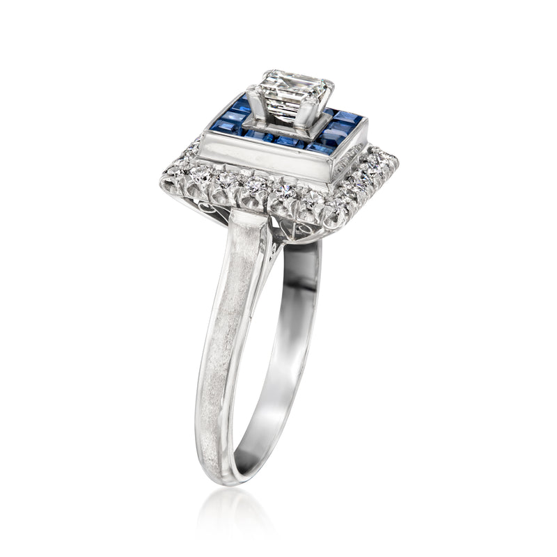 Platinum ring with square blue sapphire center and prong-set diamond halo