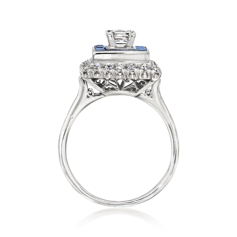 Platinum sapphire and diamond square ring with engraved band and raised setting