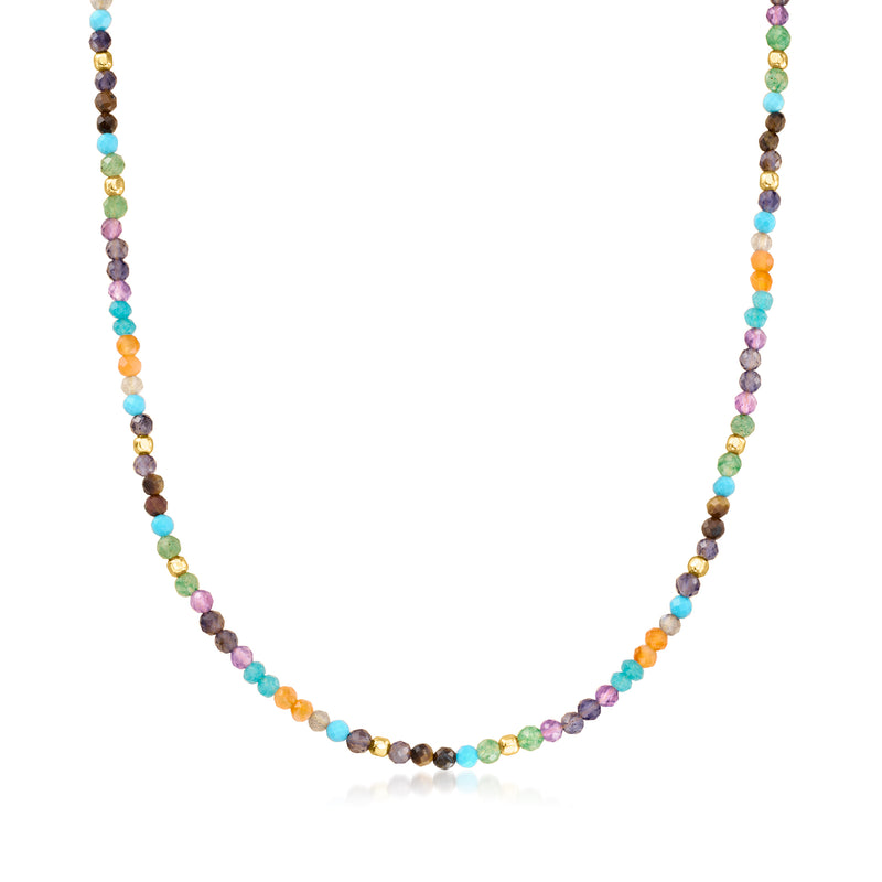 Multi-gemstone bead necklace with multicolor round beads on gold-tone strand