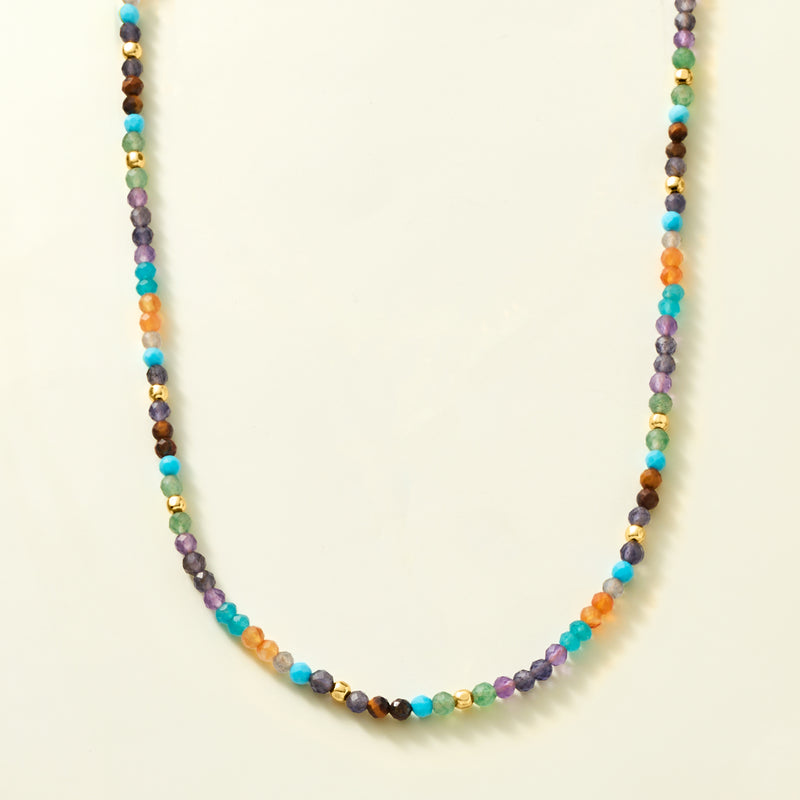Multi-gemstone bead necklace with multicolor round beads and gold-tone finish