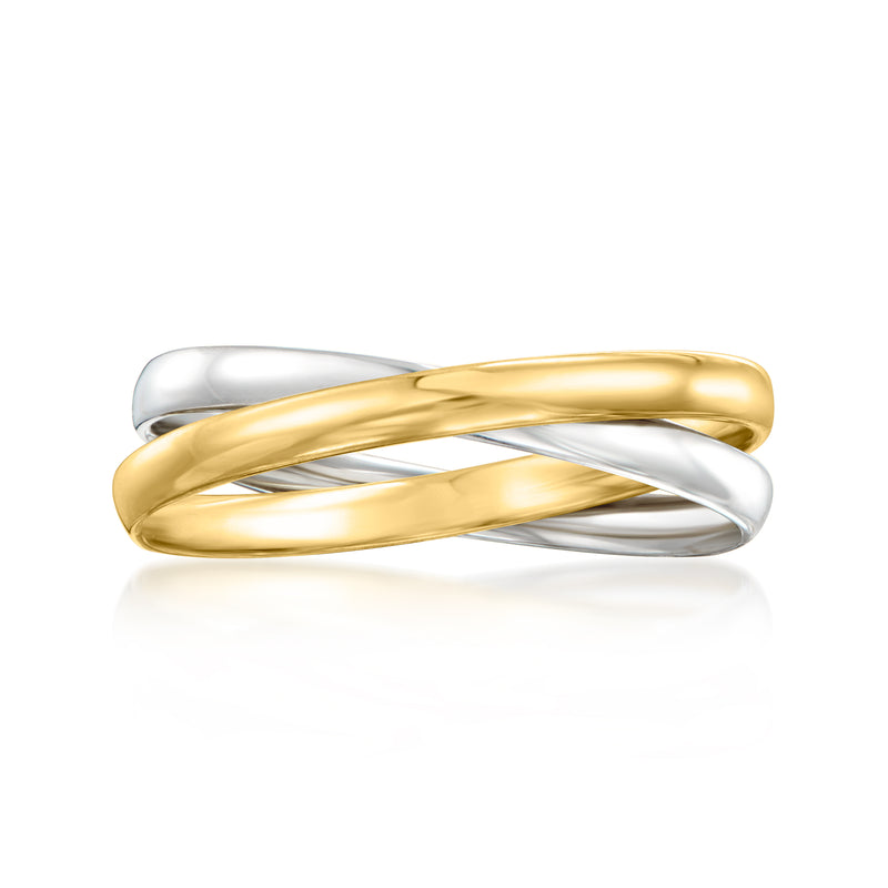 Two-tone rolling ring in 10kt gold with wide shiny bands, gold and silver