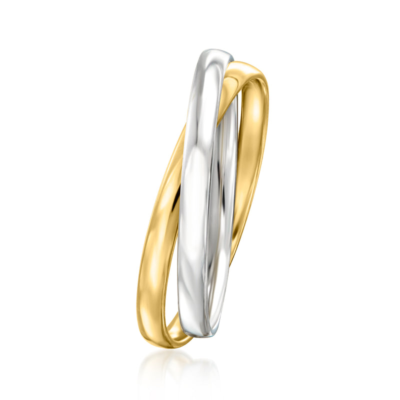 Two-tone 10kt gold rolling ring, angled side view with gold and silver bands