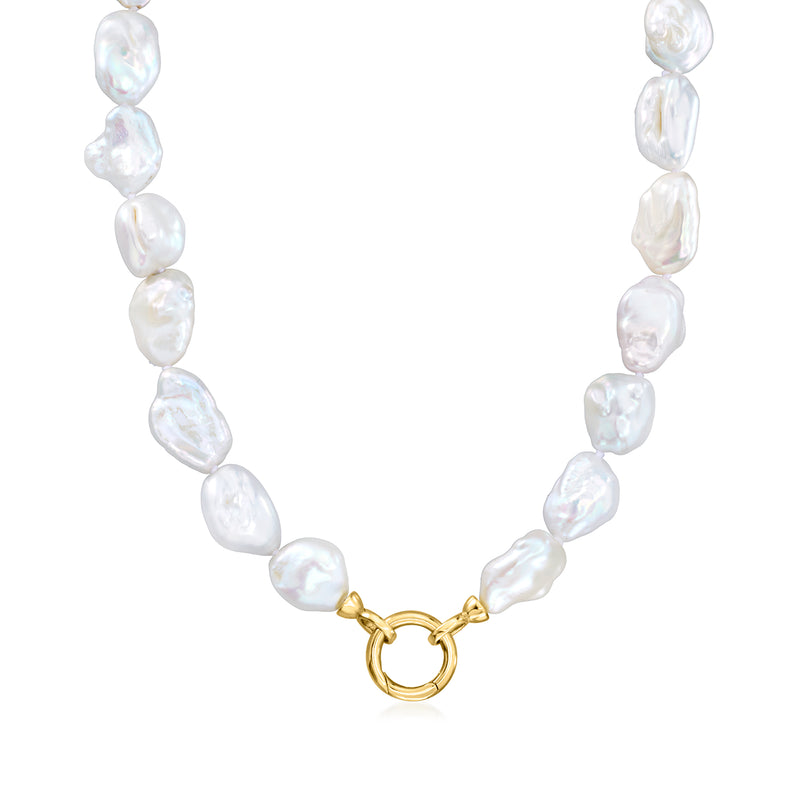 Cultured baroque pearl necklace with gold clasp and white iridescent pearls