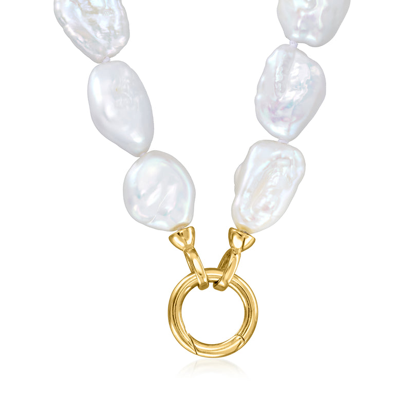 Baroque white pearl necklace with gold loop clasp, front close-up