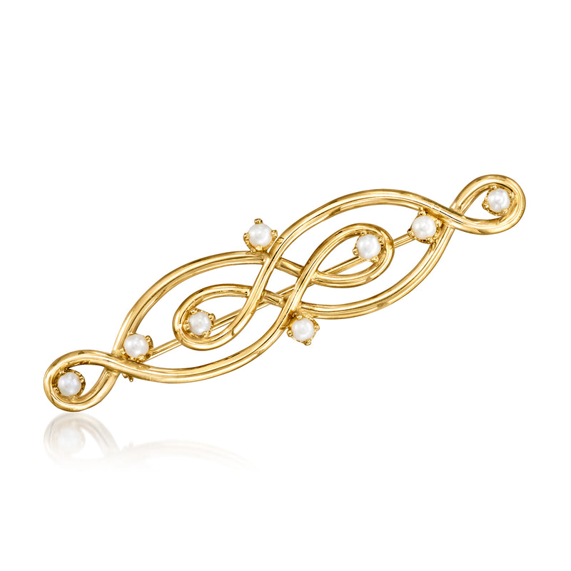 14kt yellow gold openwork scroll pin with cultured pearls