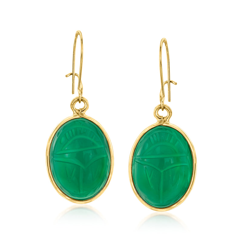 Oval green drop earrings in yellow gold with earwire and circular bezel
