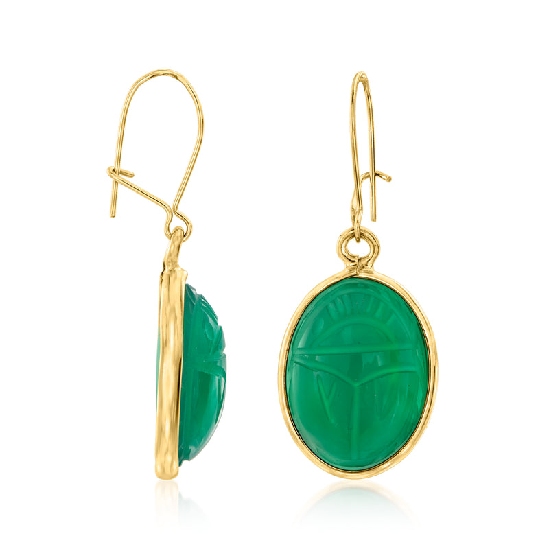 Oval green drop earrings, side view: yellow gold earwire with oval bezel