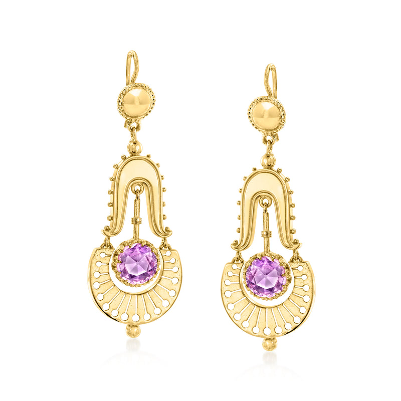 Amethyst drop earrings in 18kt yellow gold with round purple gemstone, dangle design