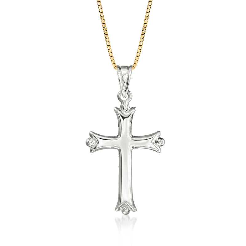 Silver cross pendant necklace with round-link chain and metal bail