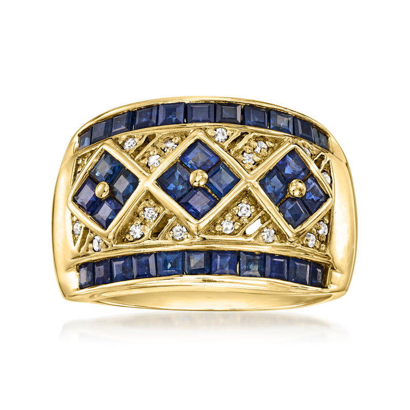 Vintage yellow gold ring with blue sapphire squares and diamond accents, domed band
