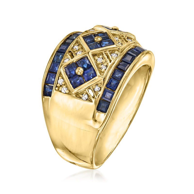 Vintage yellow gold sapphire and diamond ring with blue stone-set band, side view