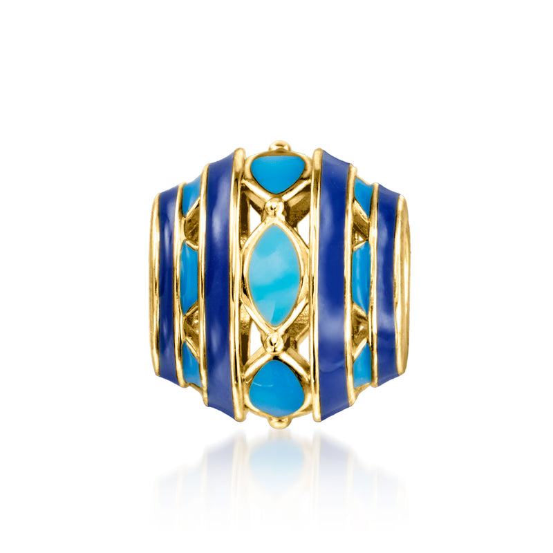 Blue enamel bead charm in 18kt gold over sterling with gold geometric frame