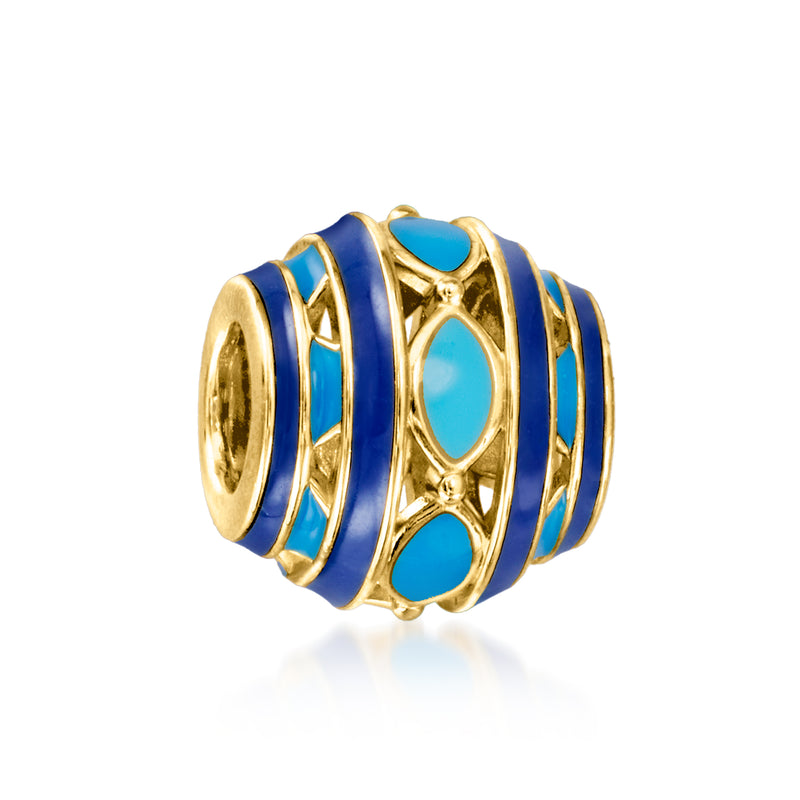 Blue enamel bead charm with two blue enamel panels and gold ring-like segments