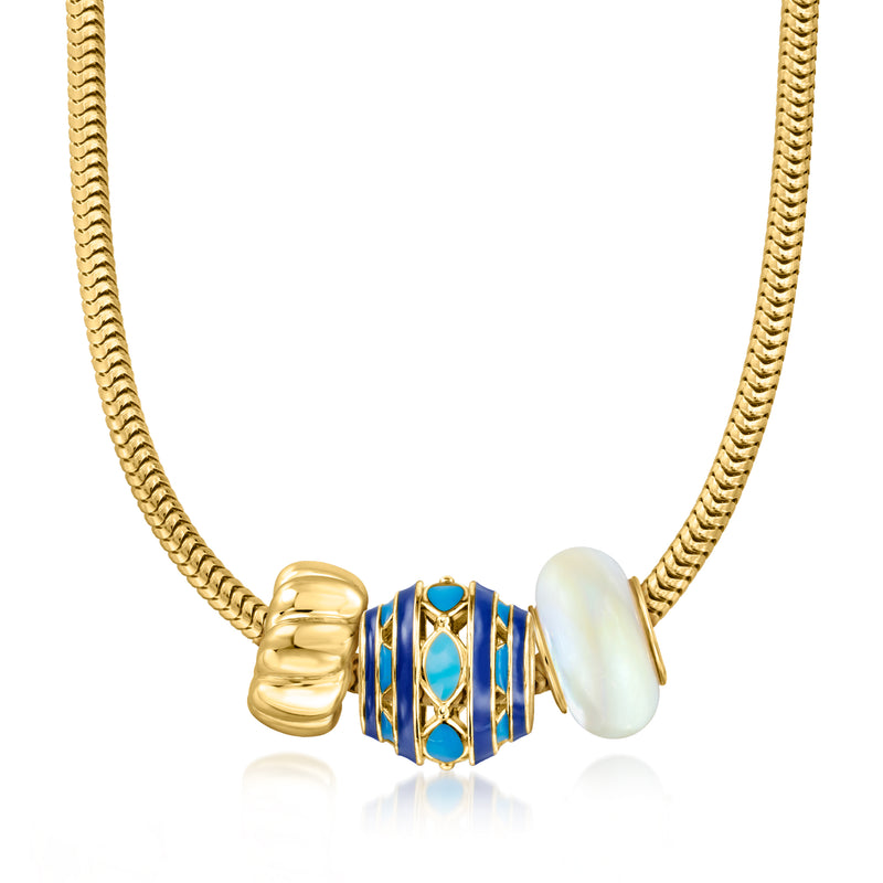 Gold rope chain necklace with blue enamel charm and white teardrop bead