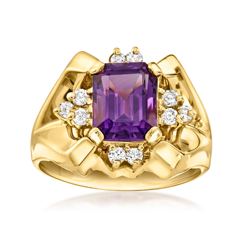 14kt yellow gold ring with square amethyst center and diamond halo accents