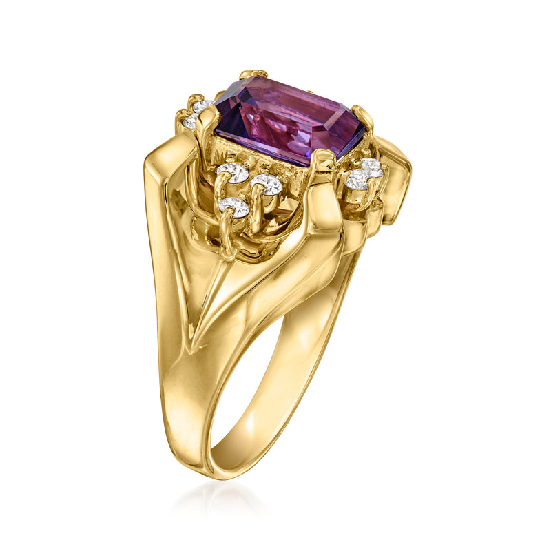 14kt yellow gold ring with raised amethyst gemstone and diamond side clusters