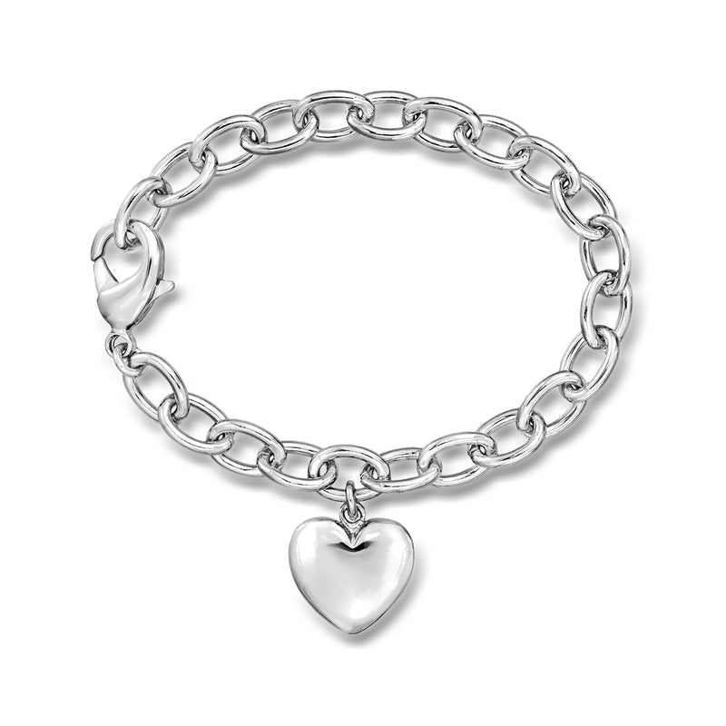 Rhodium-plated heart cable-chain bracelet with heart charm