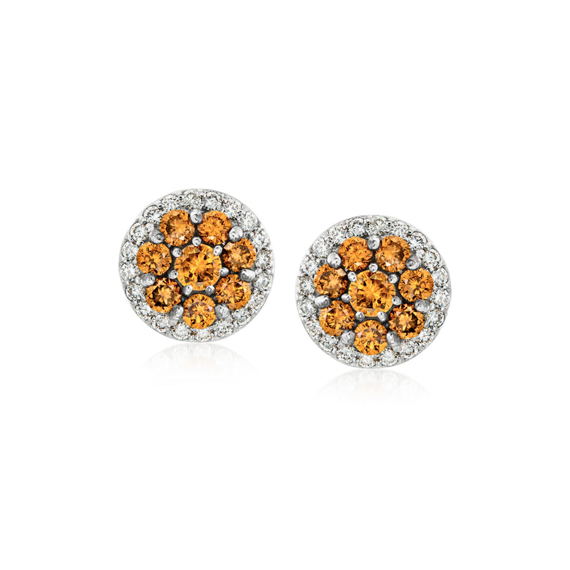 Round orange and white diamond cluster stud earrings, 18kt white gold posts