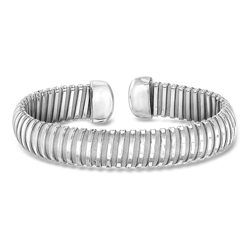 Rhodium-plated tubogas cuff bracelet, ribbed metal links with hinged clasp