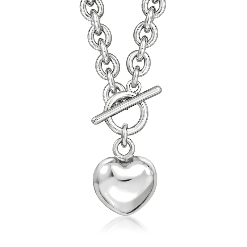 Rhodium-plated heart toggle necklace with interlocking heart pendant and chain links