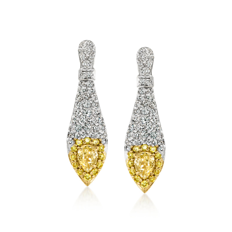 Diamond teardrop drop earrings with white and yellow stones, 18kt white gold