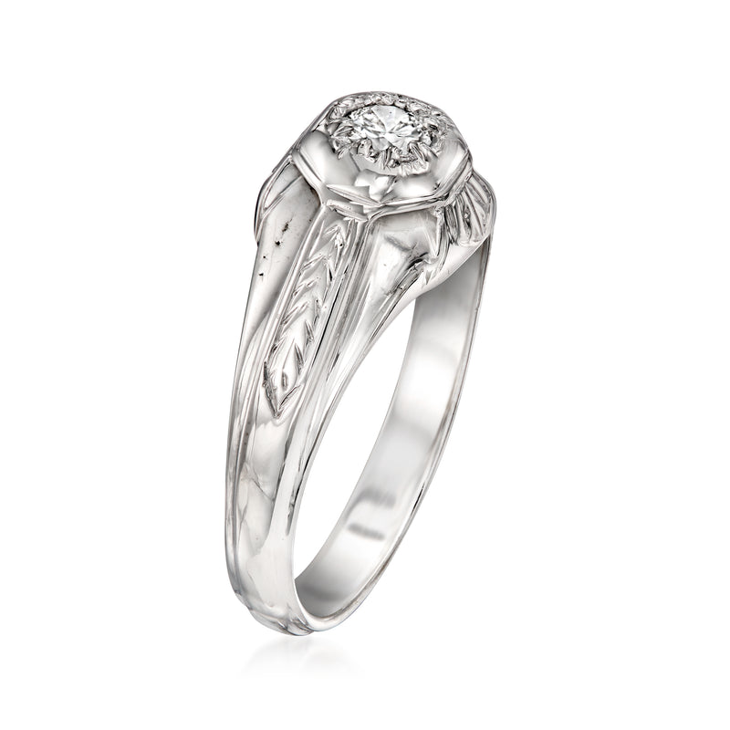Vintage white gold diamond ring, side view with round center stone and engraved shank