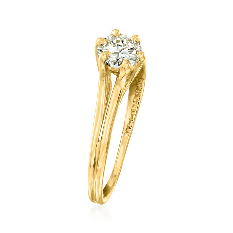 14kt yellow gold ring with round diamond on tall prong setting, slim shank