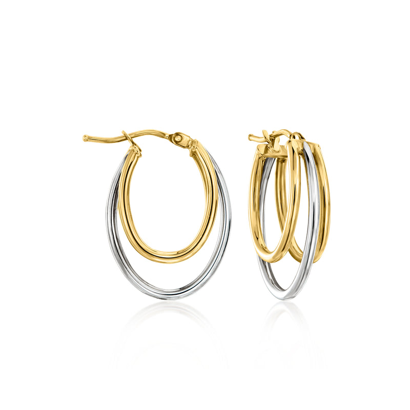 Two-tone triple-oval gold and silver hoop earrings, three linked oval hoops.