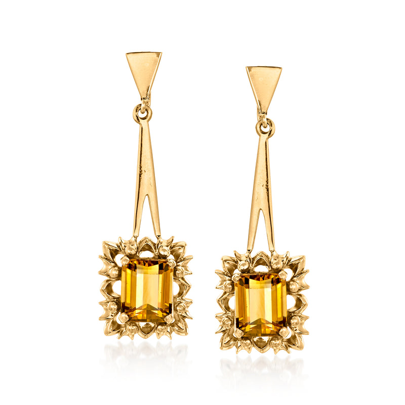 Gold geometric drop earrings with square citrine center and floral halo, leverback