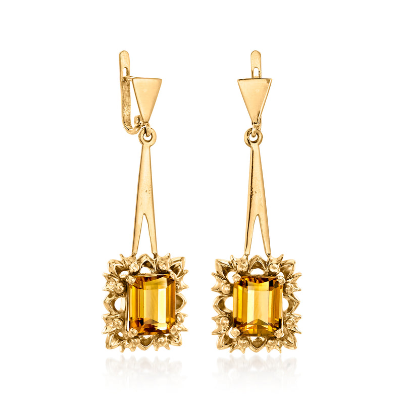 Square citrine in scalloped gold halo with elongated drops, leverback earrings