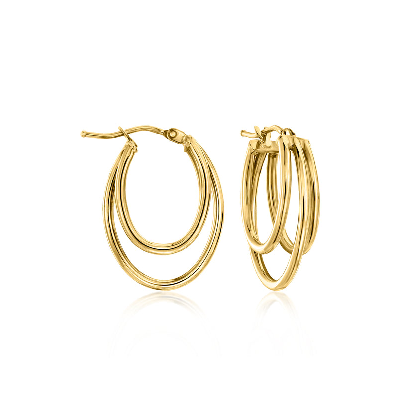 Triple-oval hoop earrings in yellow gold, three nested hoops per earring