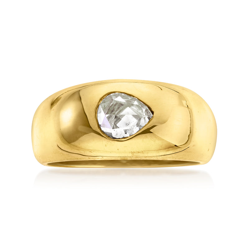 18kt yellow gold pear-shaped diamond ring with raised bezel and smooth band