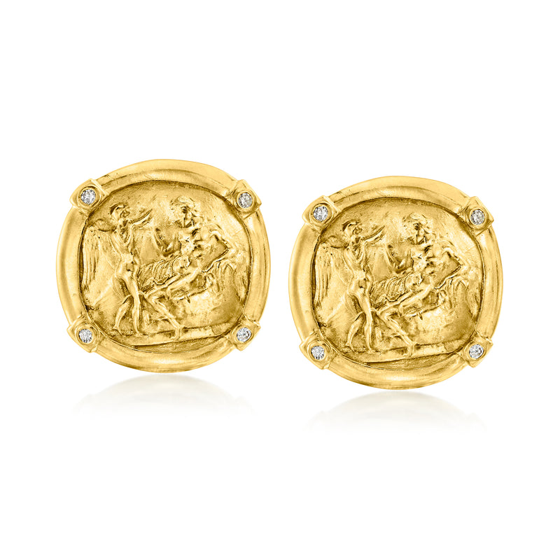 Vintage Athena coin earrings in 18kt yellow gold with diamond accents