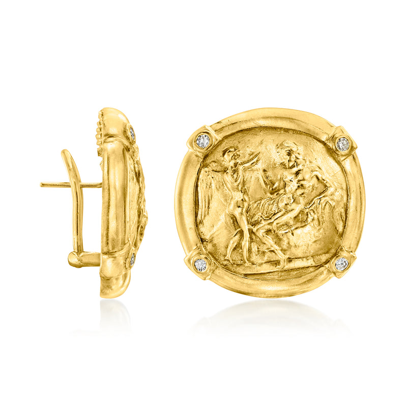 Vintage Athena coin post earrings in 18kt yellow gold with diamond accents, side view