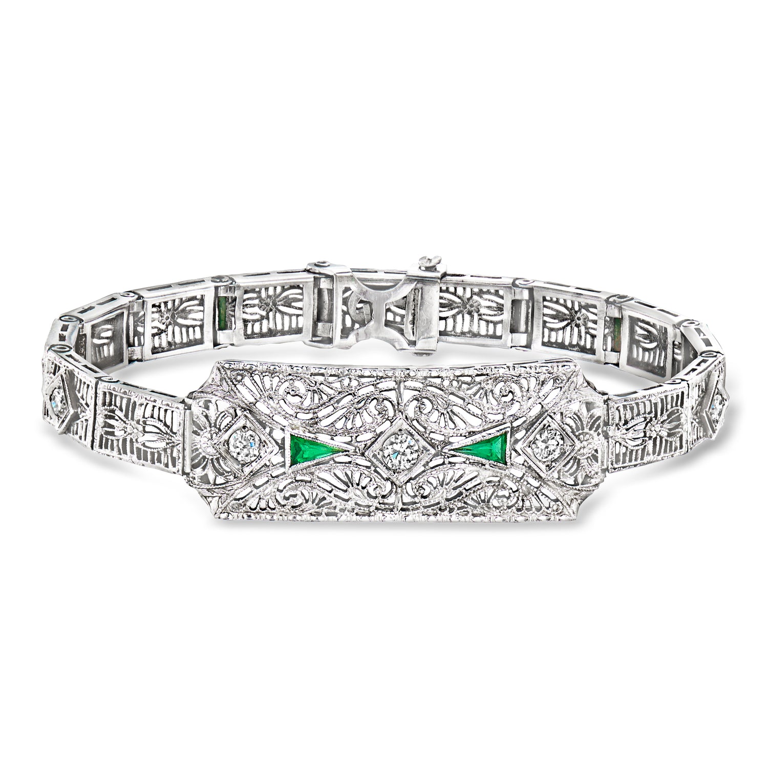C. 1950 Vintage .35 ct. t.w. Diamond and Synthetic Emerald Filigree Bracelet in 14kt White Gold