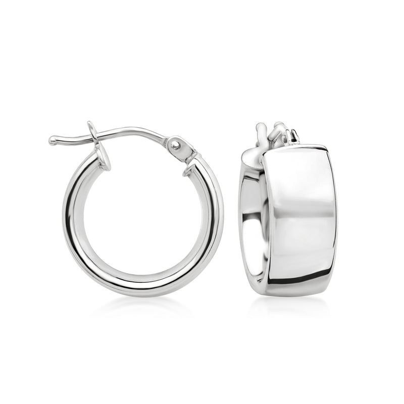 14kt white gold huggie hoop earrings, hinged clasp, polished round hoops
