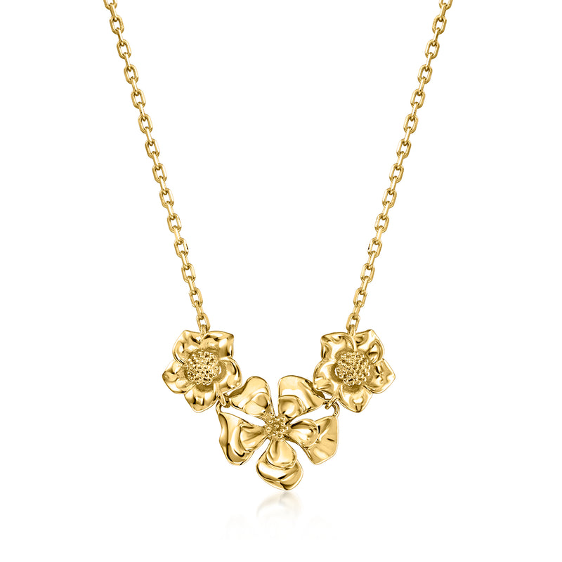 10kt yellow gold flower necklace with three engraved floral charms