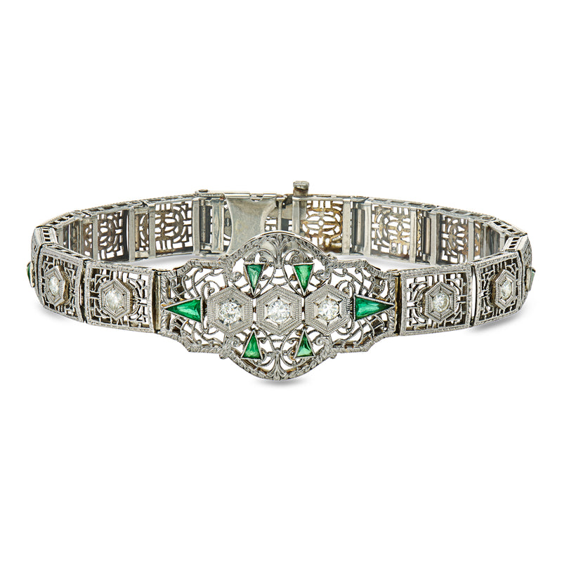 C. 1950 Vintage .50 ct. t.w. Diamond Openwork Bracelet with Simulated Emeralds in Platinum and 14kt White Gold. 7"