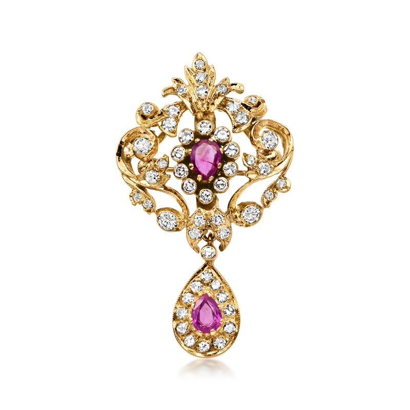 14kt yellow gold floral diamond and ruby pin/pendant with teardrop ruby drop