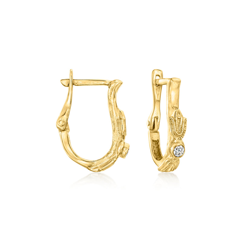 14kt yellow gold hoop earrings with small round CZ accents, hinged back